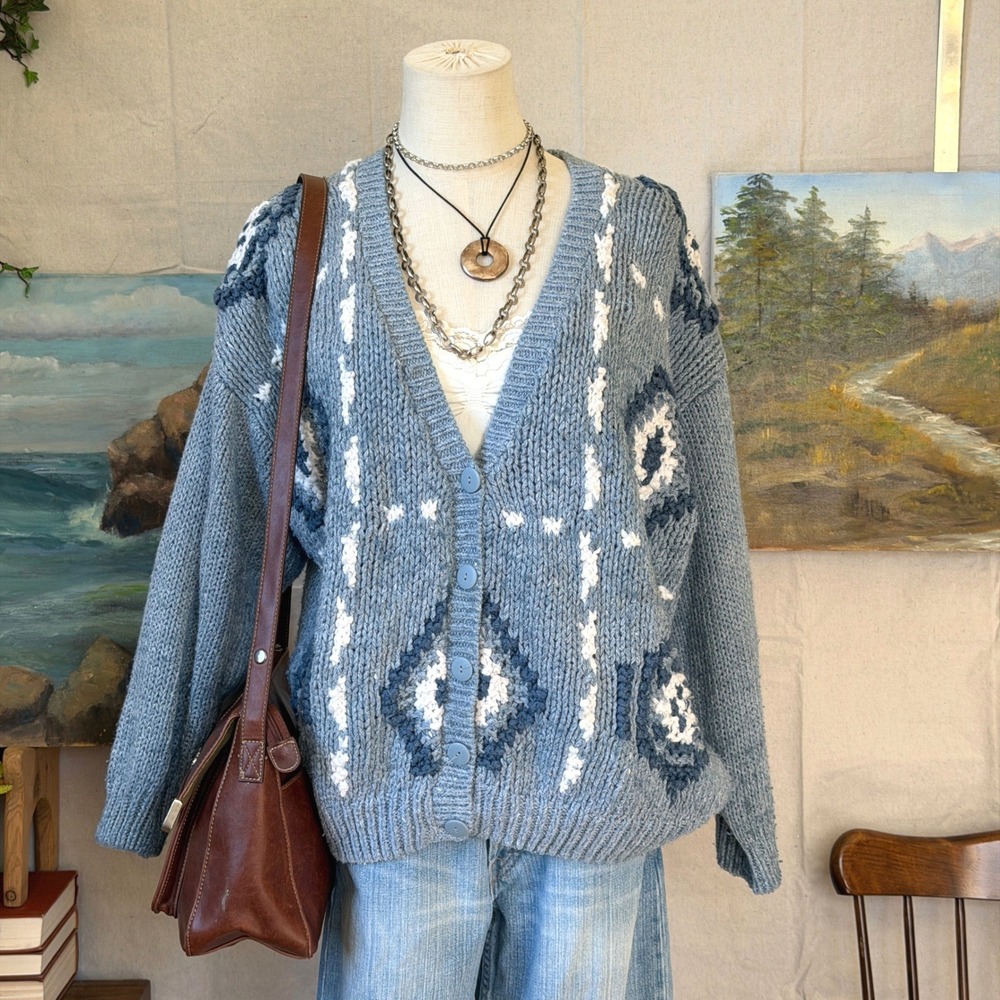 Hasting & Smith Blue Hand Knit Ramie Blend Geometric Cardigan Sweater Medium